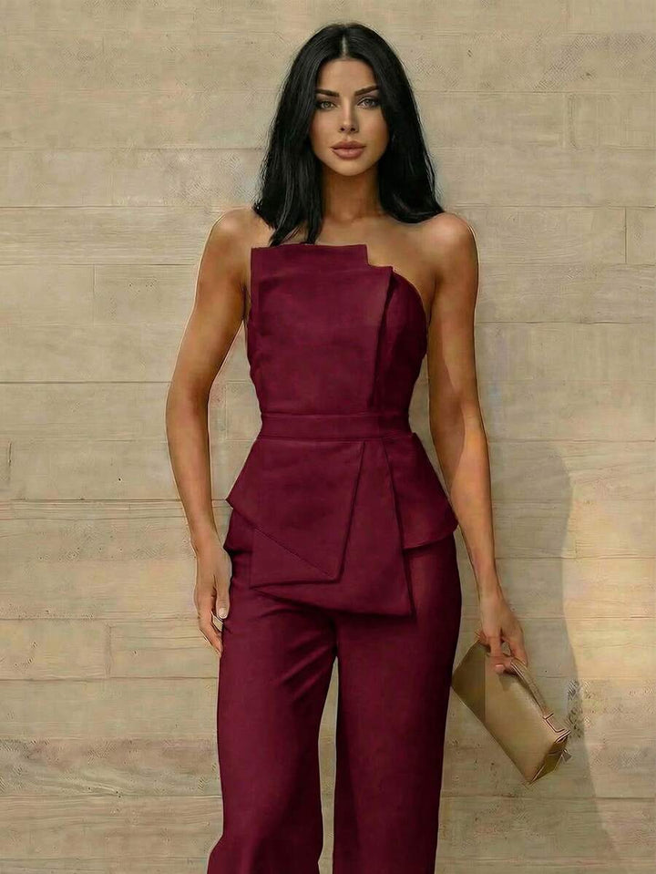 Firerie Elegant,Burgundy,Summer,Bar Party Asymmetrical Strapless High-Waisted White Jumpsuit,Refined Minimalist Modern Wedding Valentine&