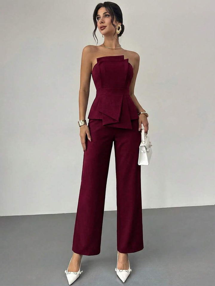 Firerie Elegant,Burgundy,Summer,Bar Party Asymmetrical Strapless High-Waisted White Jumpsuit,Refined Minimalist Modern Wedding Valentine&