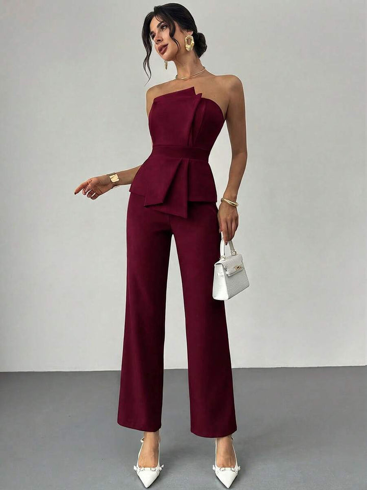 Firerie Elegant,Burgundy,Summer,Bar Party Asymmetrical Strapless High-Waisted White Jumpsuit,Refined Minimalist Modern Wedding Valentine&