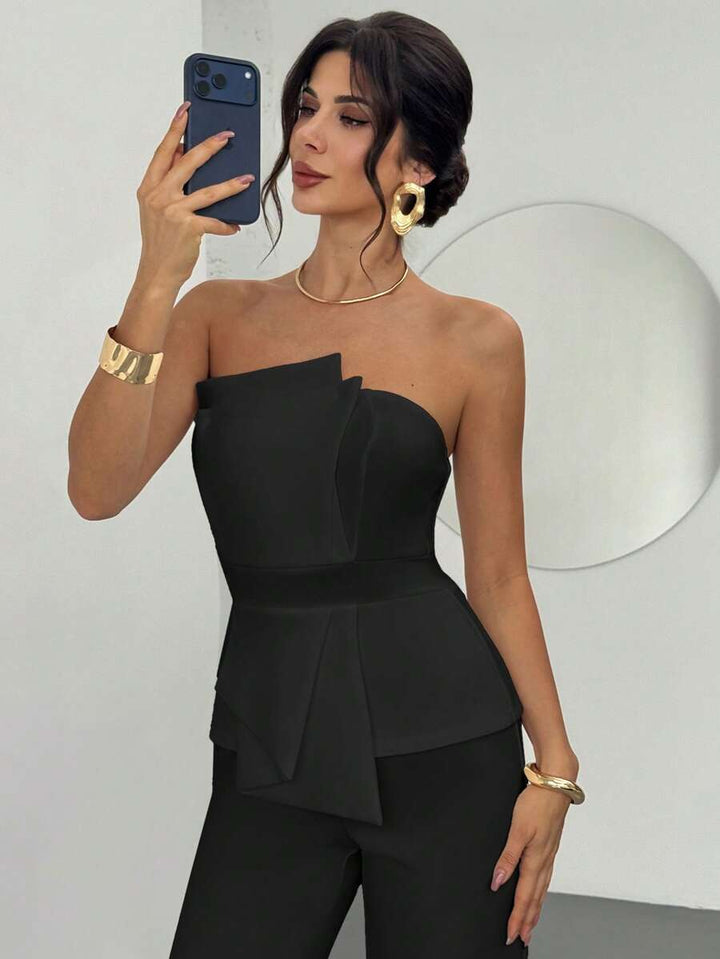 Firerie Elegant,Burgundy,Summer,Bar Party Asymmetrical Strapless High-Waisted White Jumpsuit,Refined Minimalist Modern Wedding Valentine&