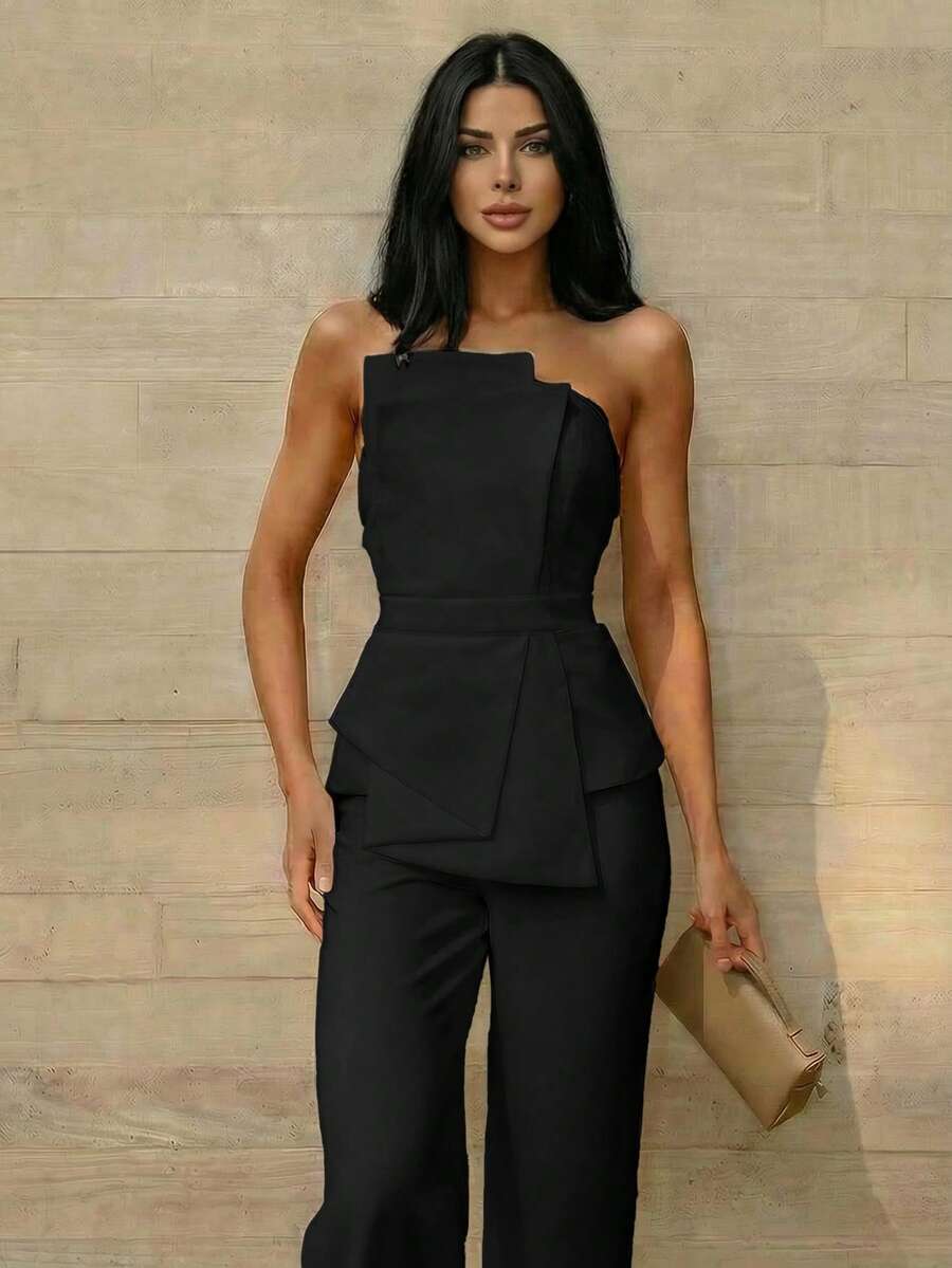 Firerie Elegant,Burgundy,Summer,Bar Party Asymmetrical Strapless High-Waisted White Jumpsuit,Refined Minimalist Modern Wedding Valentine's Day Date Outfits
