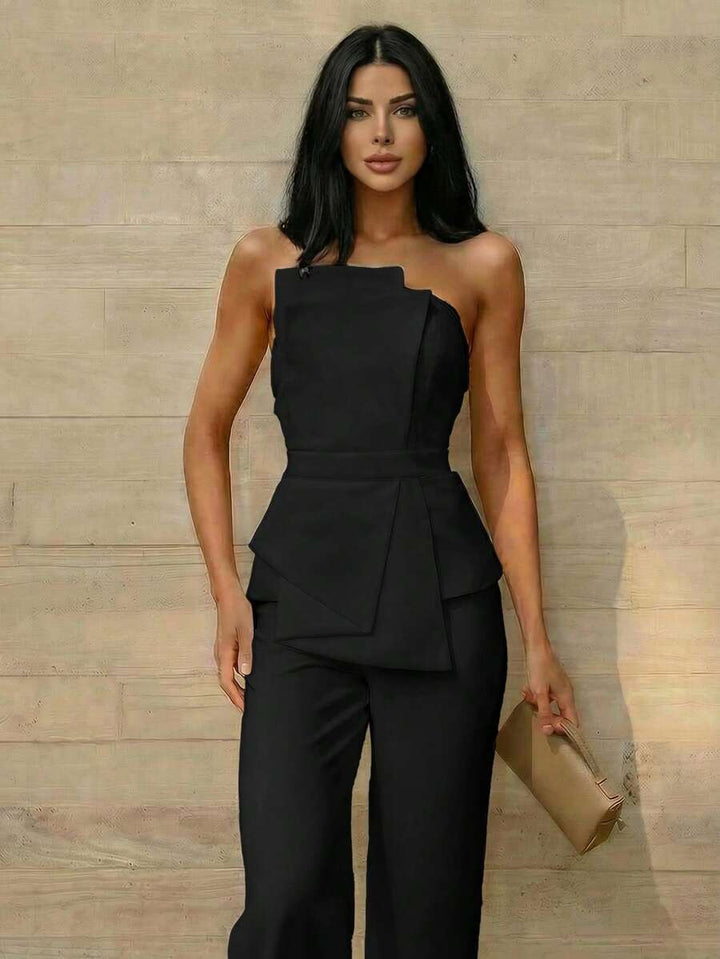Firerie Elegant,Burgundy,Summer,Bar Party Asymmetrical Strapless High-Waisted White Jumpsuit,Refined Minimalist Modern Wedding Valentine&