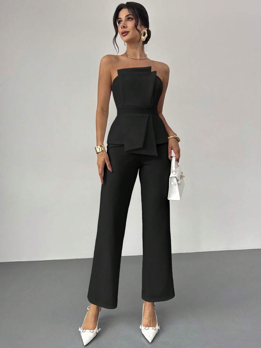 Firerie Elegant,Burgundy,Summer,Bar Party Asymmetrical Strapless High-Waisted White Jumpsuit,Refined Minimalist Modern Wedding Valentine's Day Date Outfits