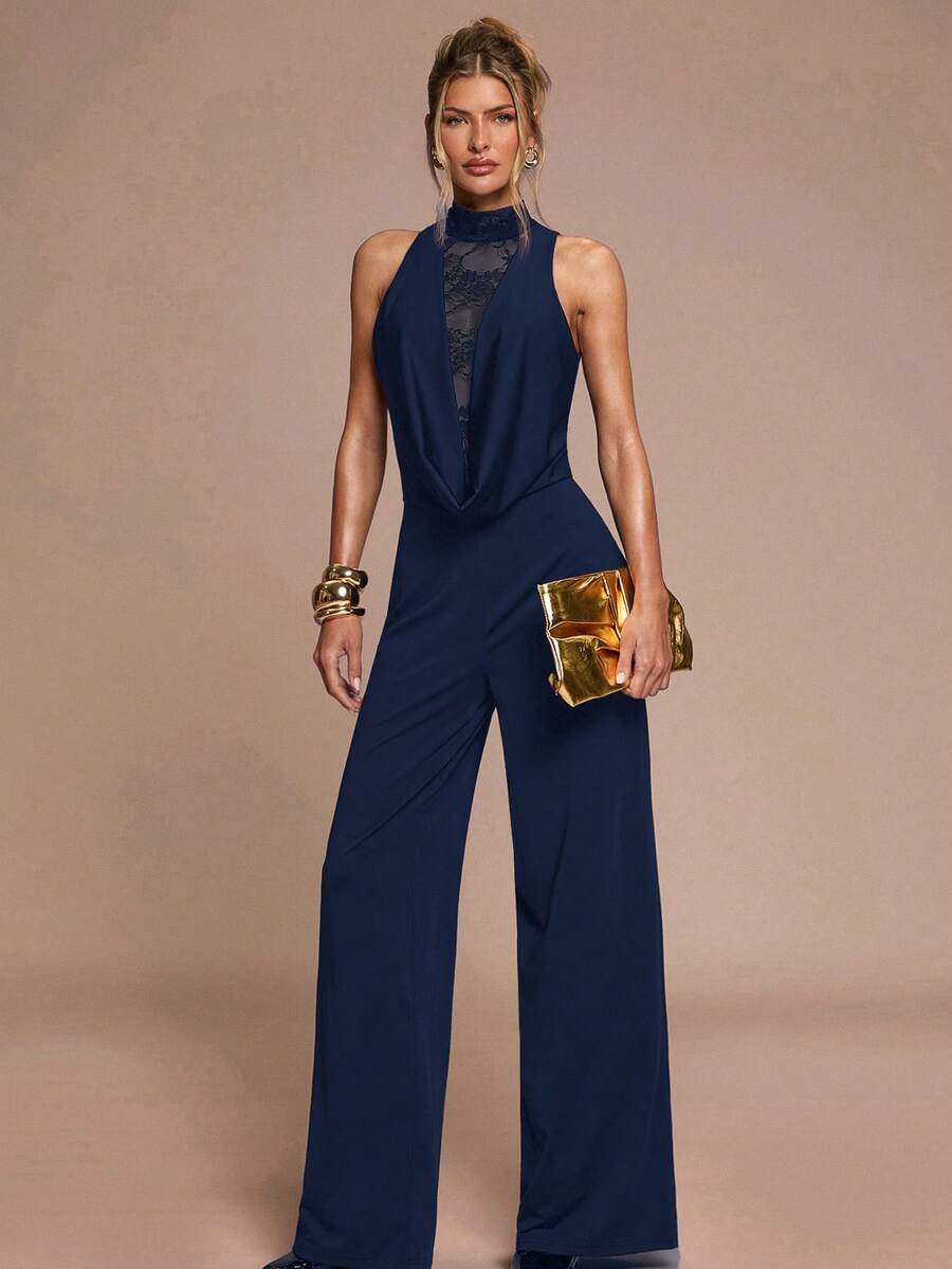 SHEIN BAE Women's Elegant Black Sleeveless Jumpsuit,Lace Patchwork Trimmed,Autumn Party Night Outfits,Solid Color For Cocktail Parties,Formal Events&Valentine