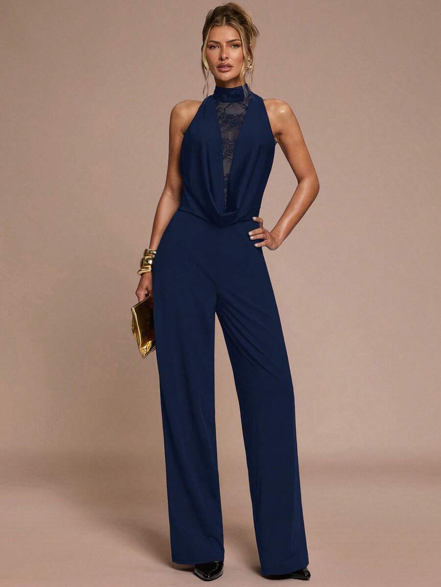 SHEIN BAE Women's Elegant Black Sleeveless Jumpsuit,Lace Patchwork Trimmed,Autumn Party Night Outfits,Solid Color For Cocktail Parties,Formal Events&Valentine