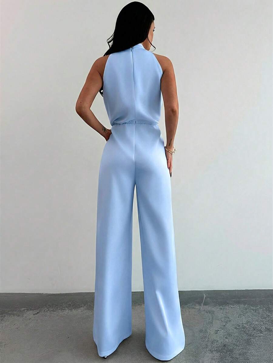 Firerie Women's Elegant White Sleeveless Mandarin Collar Pearl Beaded Jumpsuit,Formal Summer Wide Leg Pants,Office Wear,Graduation,Party,Wedding Guest Outfit