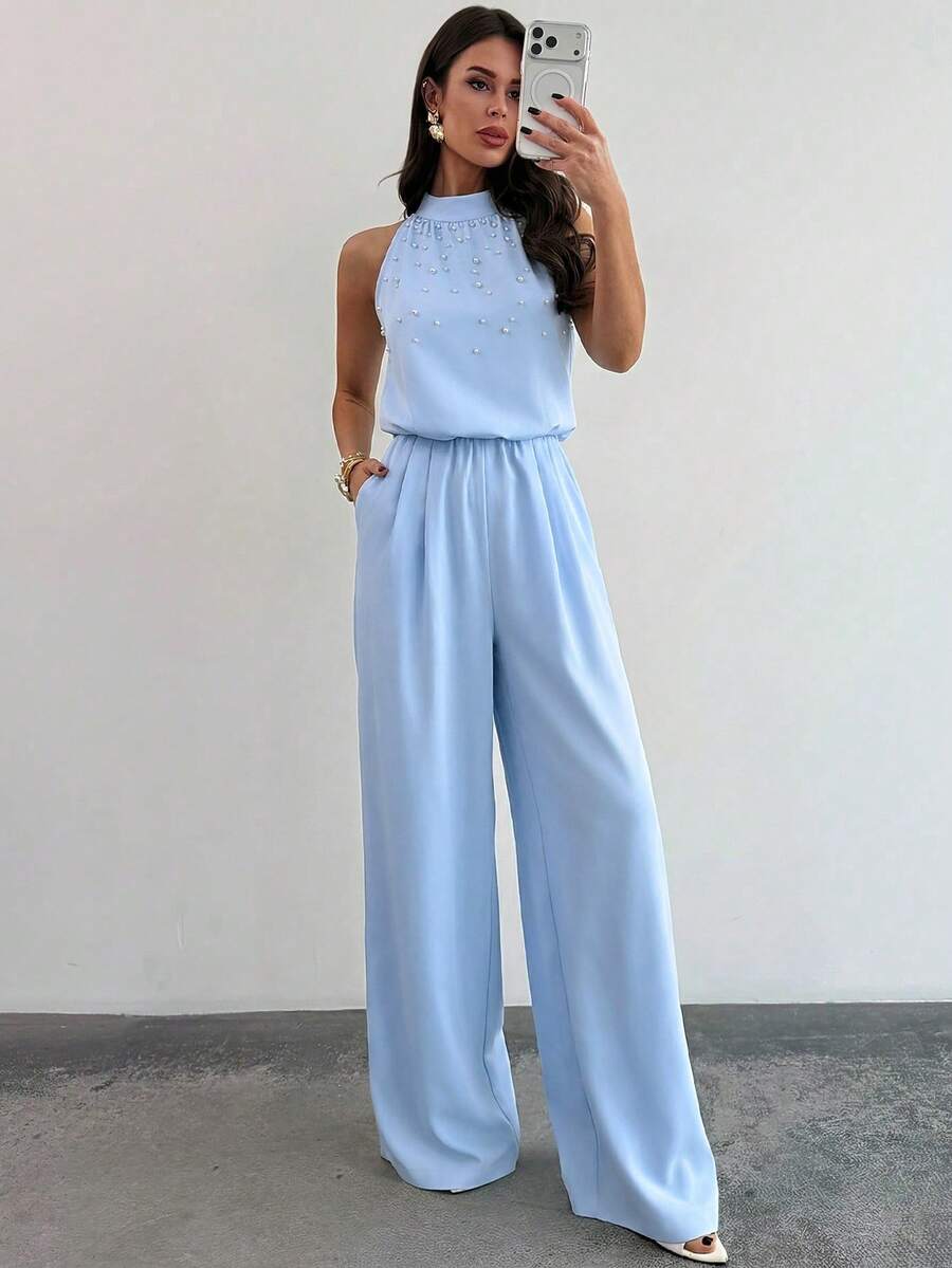 Firerie Women's Elegant White Sleeveless Mandarin Collar Pearl Beaded Jumpsuit,Formal Summer Wide Leg Pants,Office Wear,Graduation,Party,Wedding Guest Outfit