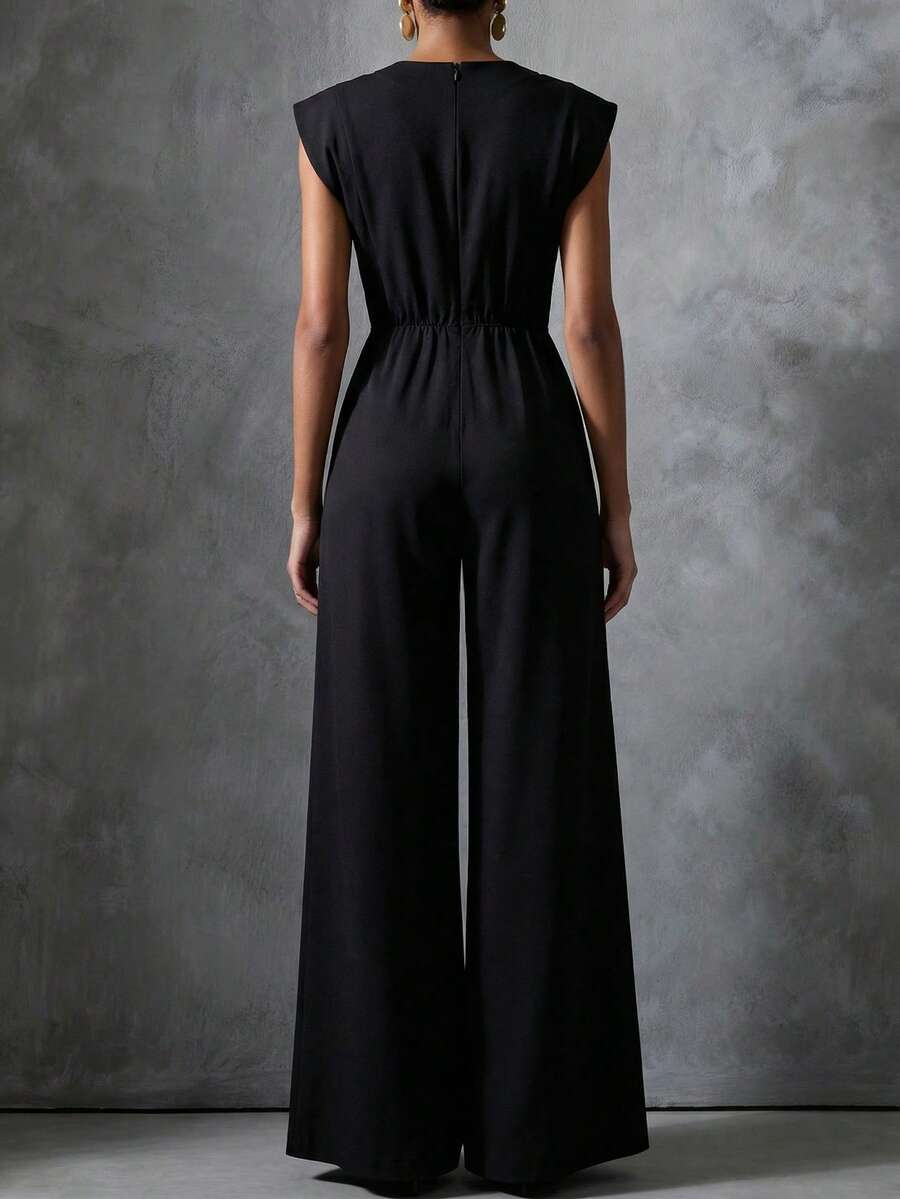 Women's Black Formal Elegant Classic Jumpsuit With Gold Floral Decoration And Pockets Summer