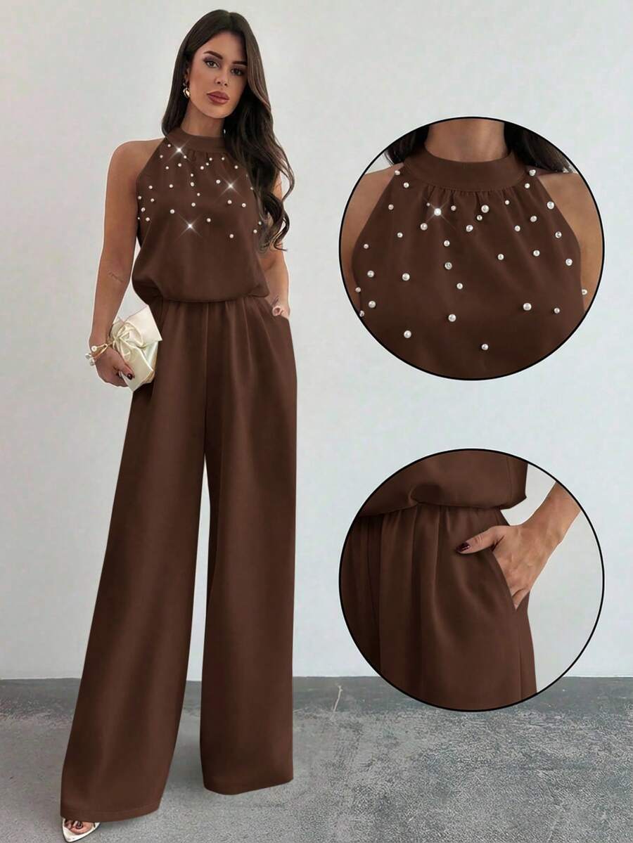 Firerie Women's Elegant White Sleeveless Mandarin Collar Pearl Beaded Jumpsuit,Formal Summer Wide Leg Pants,Office Wear,Graduation,Party,Wedding Guest Outfit
