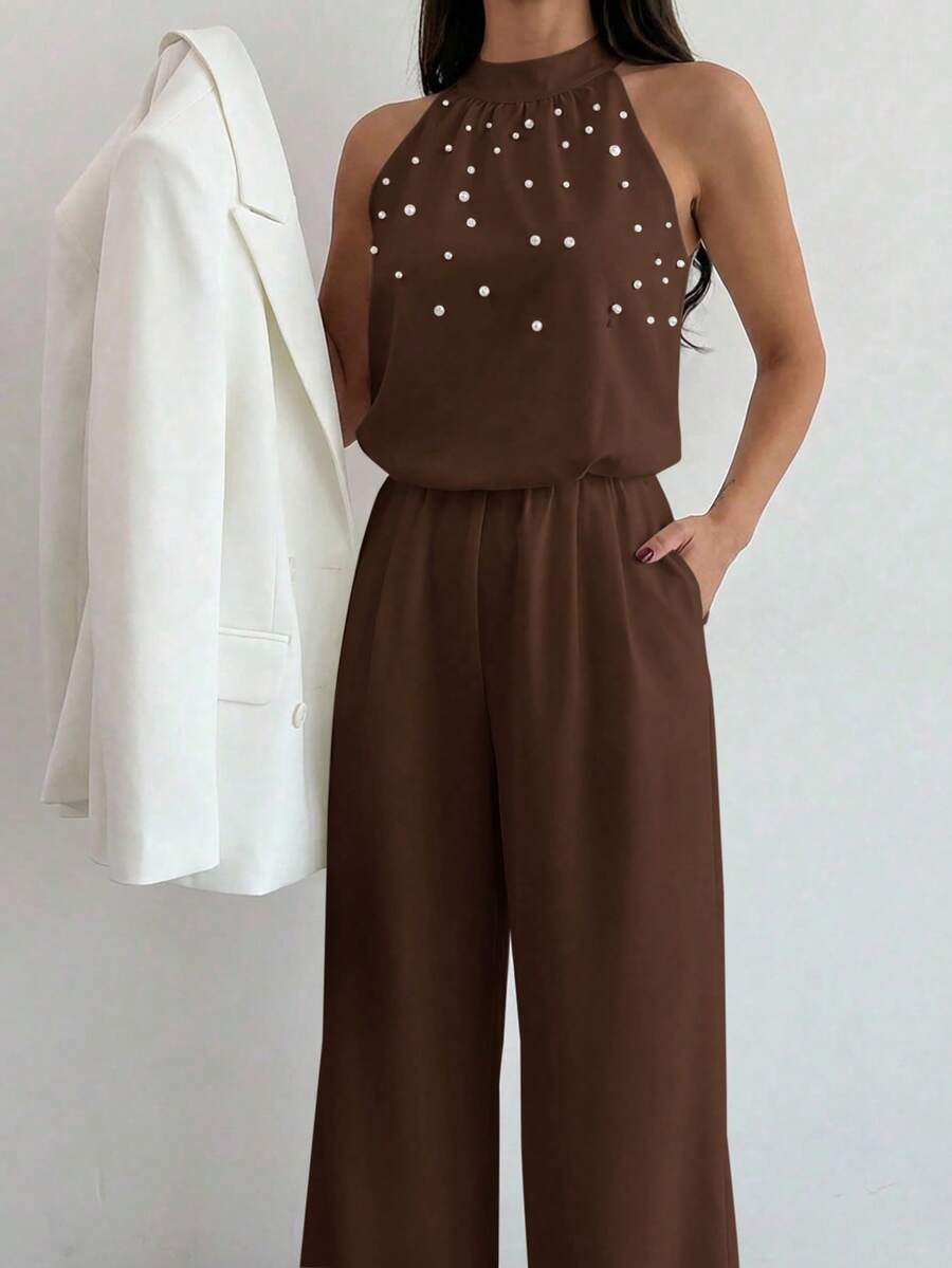 Firerie Women's Elegant White Sleeveless Mandarin Collar Pearl Beaded Jumpsuit,Formal Summer Wide Leg Pants,Office Wear,Graduation,Party,Wedding Guest Outfit
