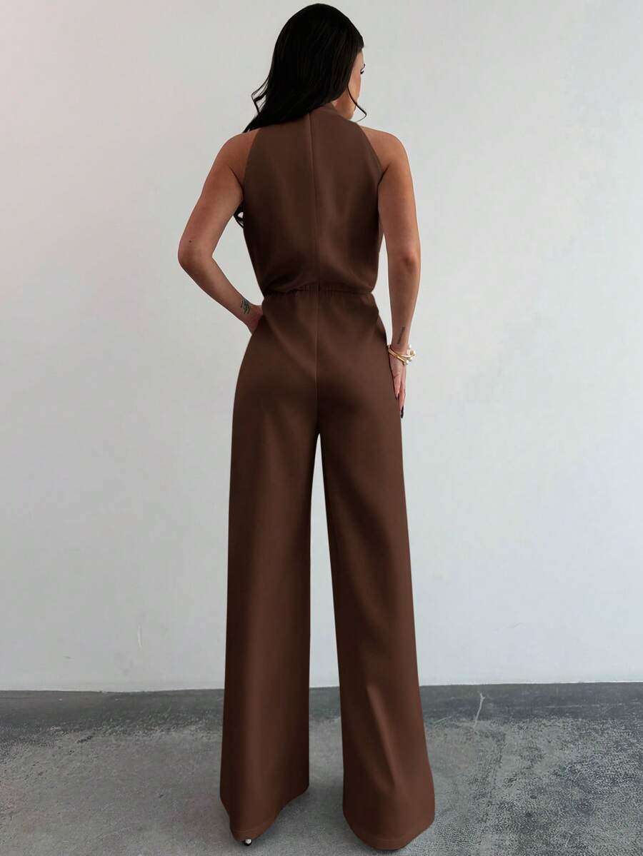 Firerie Women's Elegant White Sleeveless Mandarin Collar Pearl Beaded Jumpsuit,Formal Summer Wide Leg Pants,Office Wear,Graduation,Party,Wedding Guest Outfit