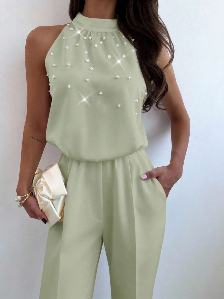 Firerie Women's Elegant White Sleeveless Mandarin Collar Pearl Beaded Jumpsuit,Formal Summer Wide Leg Pants,Office Wear,Graduation,Party,Wedding Guest Outfit