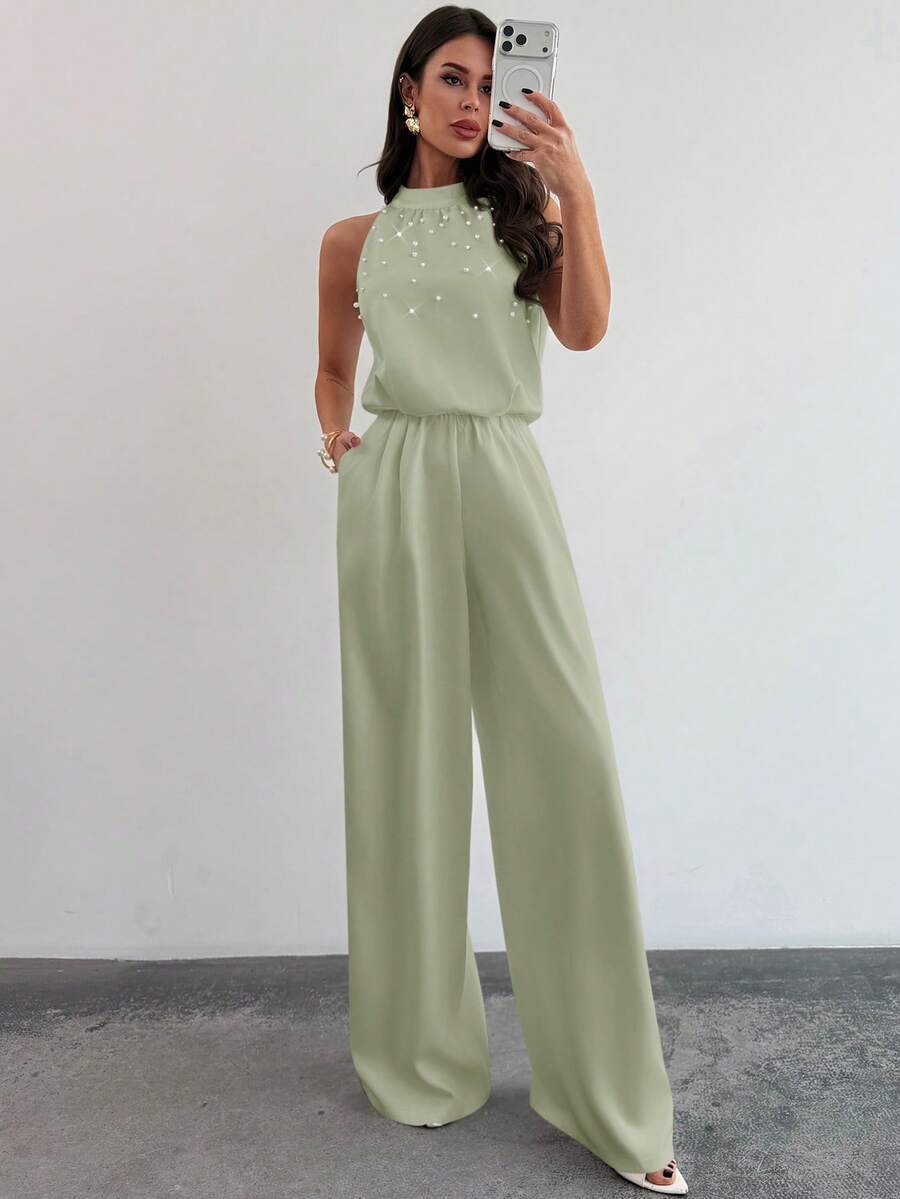 Firerie Women's Elegant White Sleeveless Mandarin Collar Pearl Beaded Jumpsuit,Formal Summer Wide Leg Pants,Office Wear,Graduation,Party,Wedding Guest Outfit