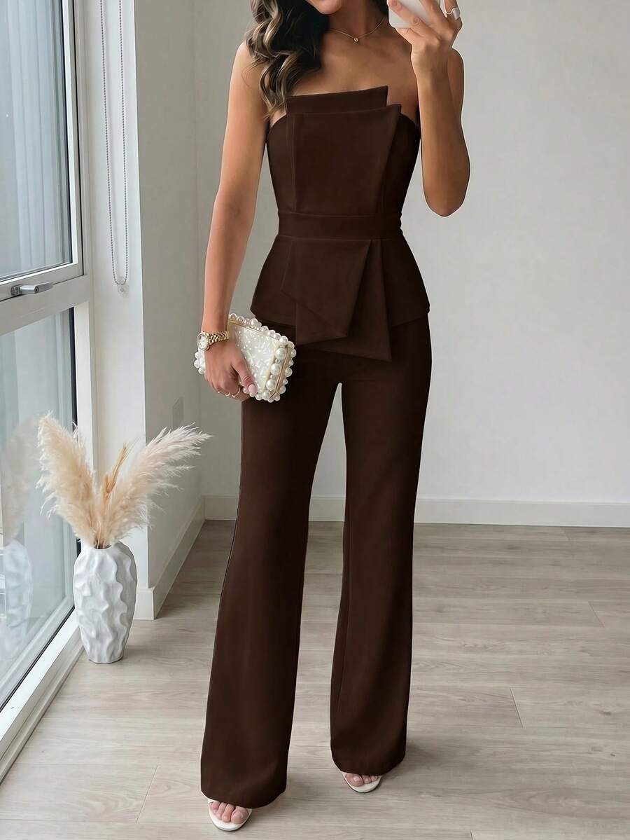 Firerie Elegant,Burgundy,Summer,Bar Party Asymmetrical Strapless High-Waisted White Jumpsuit,Refined Minimalist Modern Wedding Valentine's Day Date Outfits