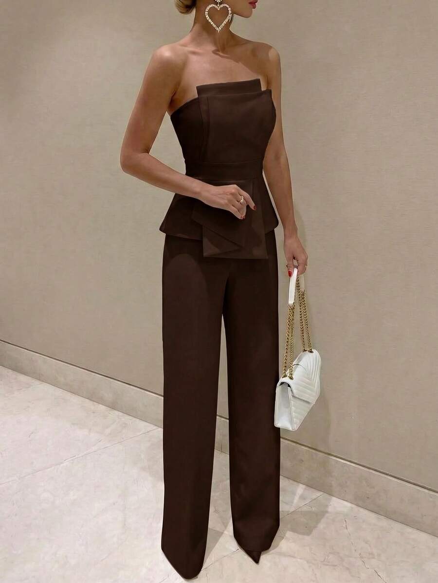 Firerie Elegant,Burgundy,Summer,Bar Party Asymmetrical Strapless High-Waisted White Jumpsuit,Refined Minimalist Modern Wedding Valentine's Day Date Outfits
