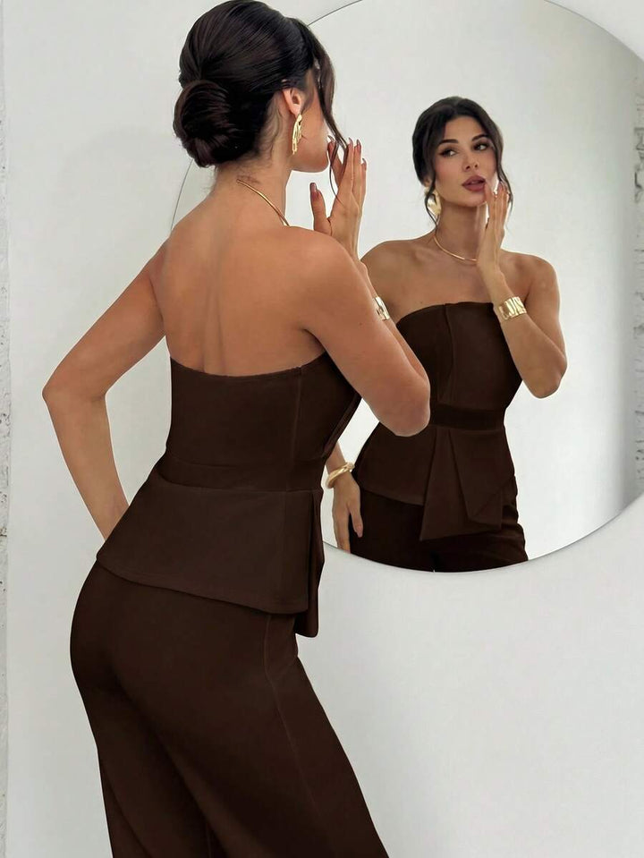 Firerie Elegant,Burgundy,Summer,Bar Party Asymmetrical Strapless High-Waisted White Jumpsuit,Refined Minimalist Modern Wedding Valentine&
