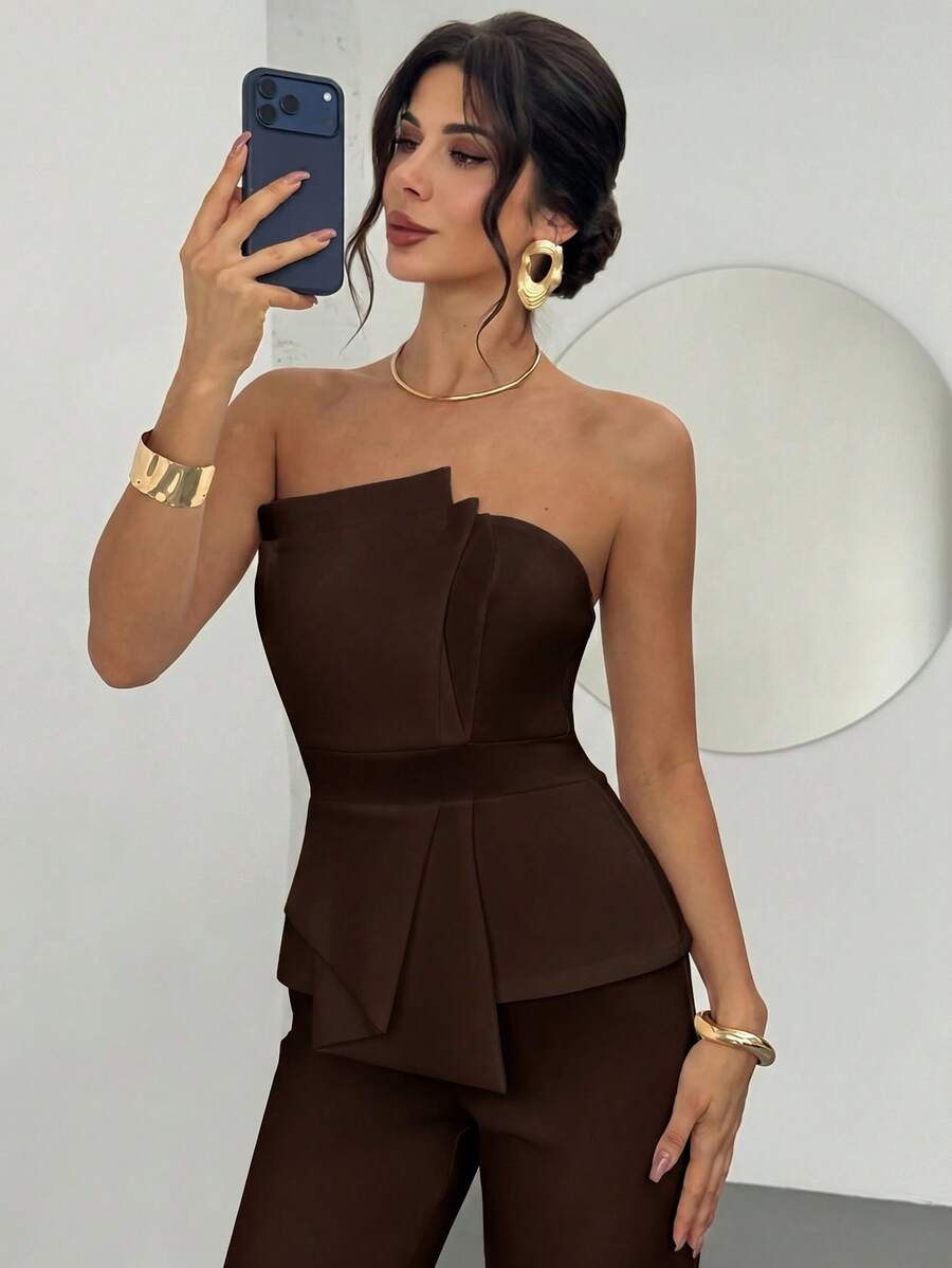 Firerie Elegant,Burgundy,Summer,Bar Party Asymmetrical Strapless High-Waisted White Jumpsuit,Refined Minimalist Modern Wedding Valentine&