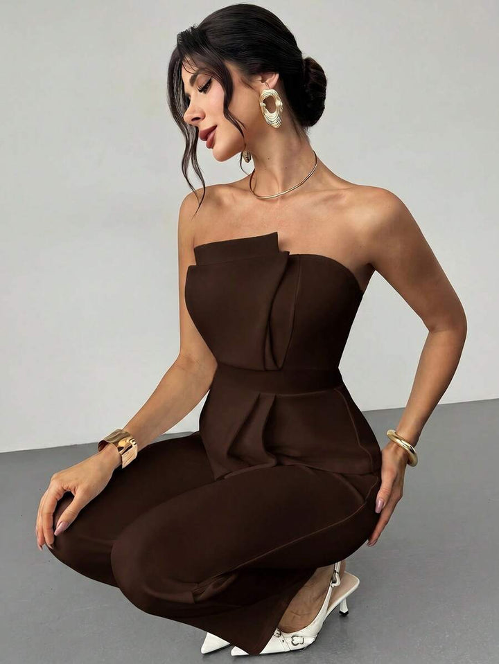 Firerie Elegant,Burgundy,Summer,Bar Party Asymmetrical Strapless High-Waisted White Jumpsuit,Refined Minimalist Modern Wedding Valentine&