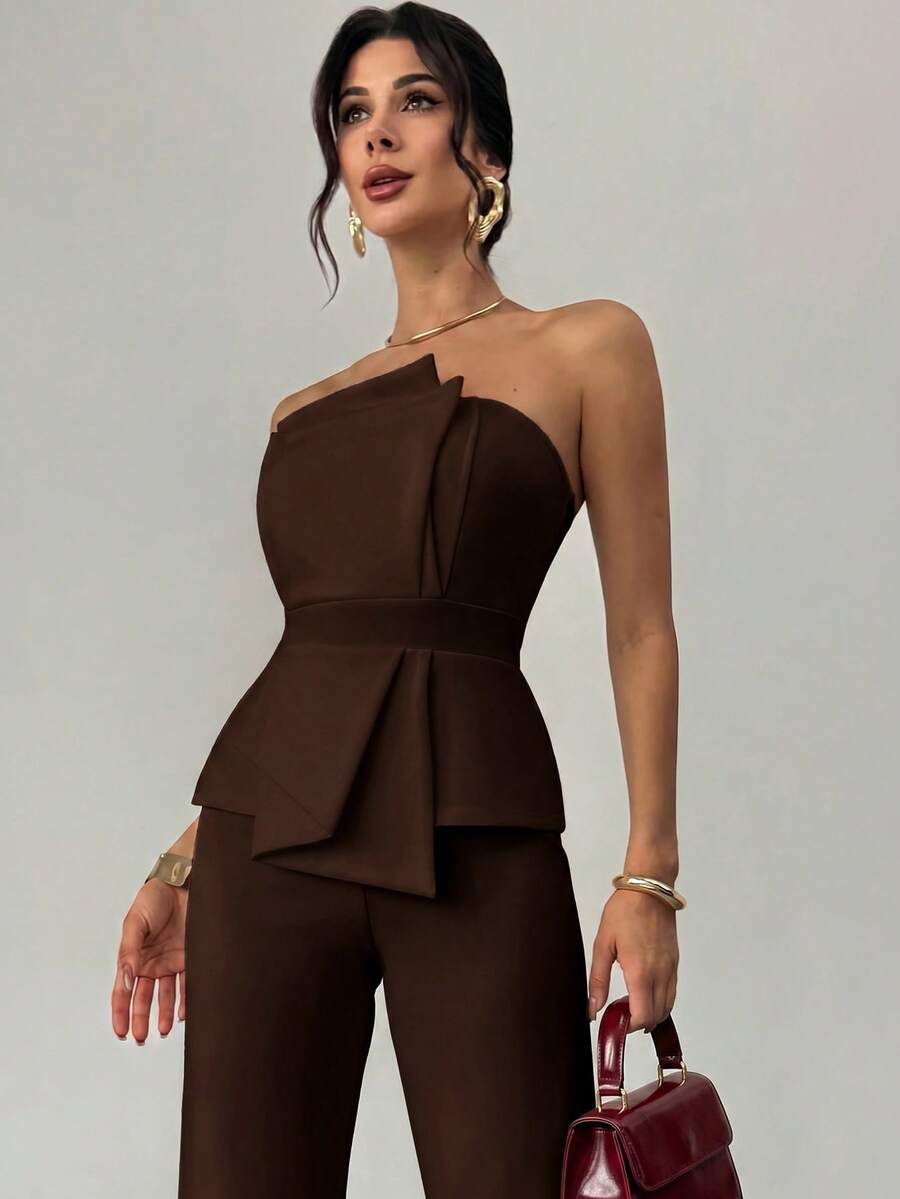 Firerie Elegant,Burgundy,Summer,Bar Party Asymmetrical Strapless High-Waisted White Jumpsuit,Refined Minimalist Modern Wedding Valentine's Day Date Outfits