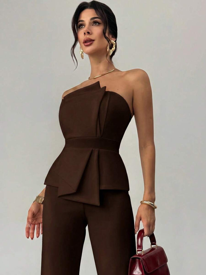 Firerie Elegant,Burgundy,Summer,Bar Party Asymmetrical Strapless High-Waisted White Jumpsuit,Refined Minimalist Modern Wedding Valentine&