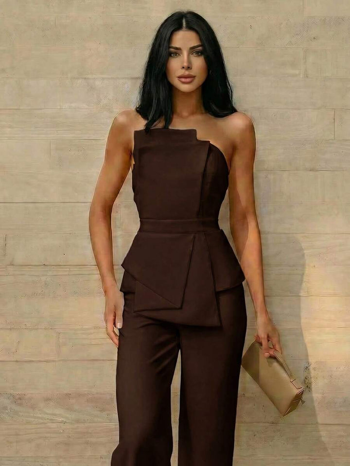 Firerie Elegant,Burgundy,Summer,Bar Party Asymmetrical Strapless High-Waisted White Jumpsuit,Refined Minimalist Modern Wedding Valentine&