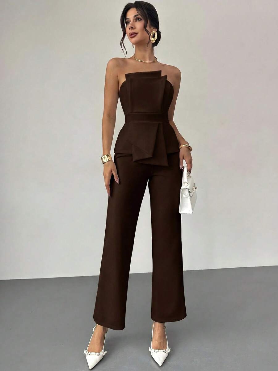 Firerie Elegant,Burgundy,Summer,Bar Party Asymmetrical Strapless High-Waisted White Jumpsuit,Refined Minimalist Modern Wedding Valentine&