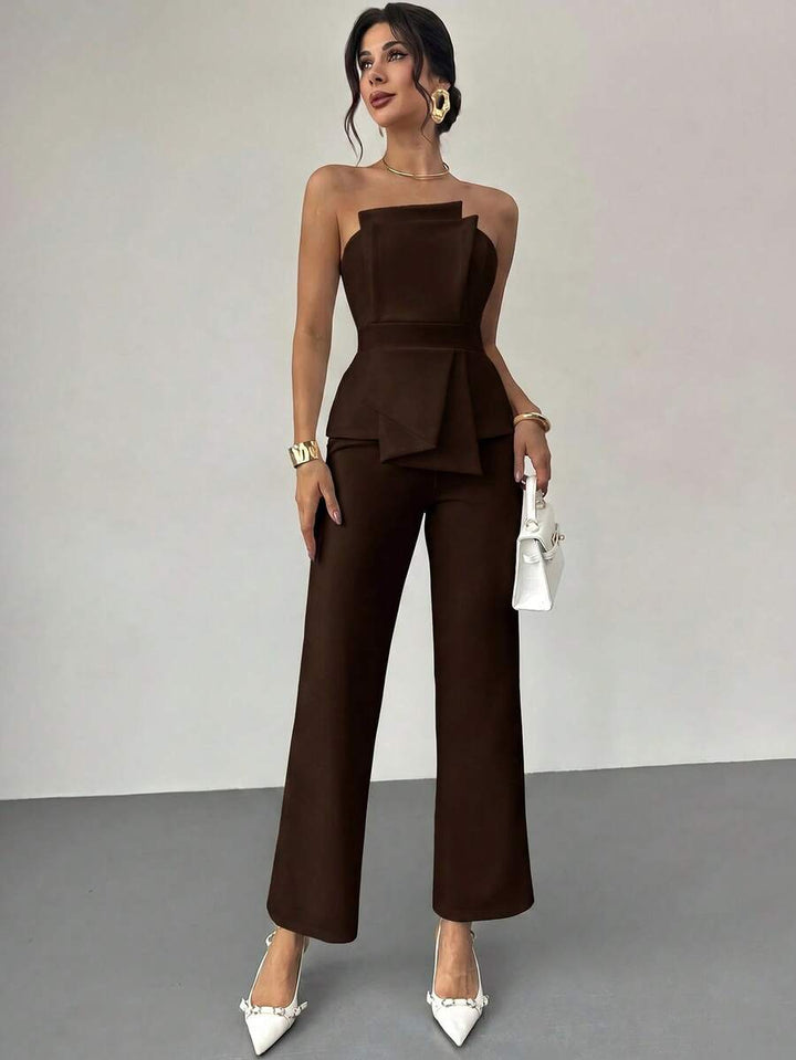 Firerie Elegant,Burgundy,Summer,Bar Party Asymmetrical Strapless High-Waisted White Jumpsuit,Refined Minimalist Modern Wedding Valentine&