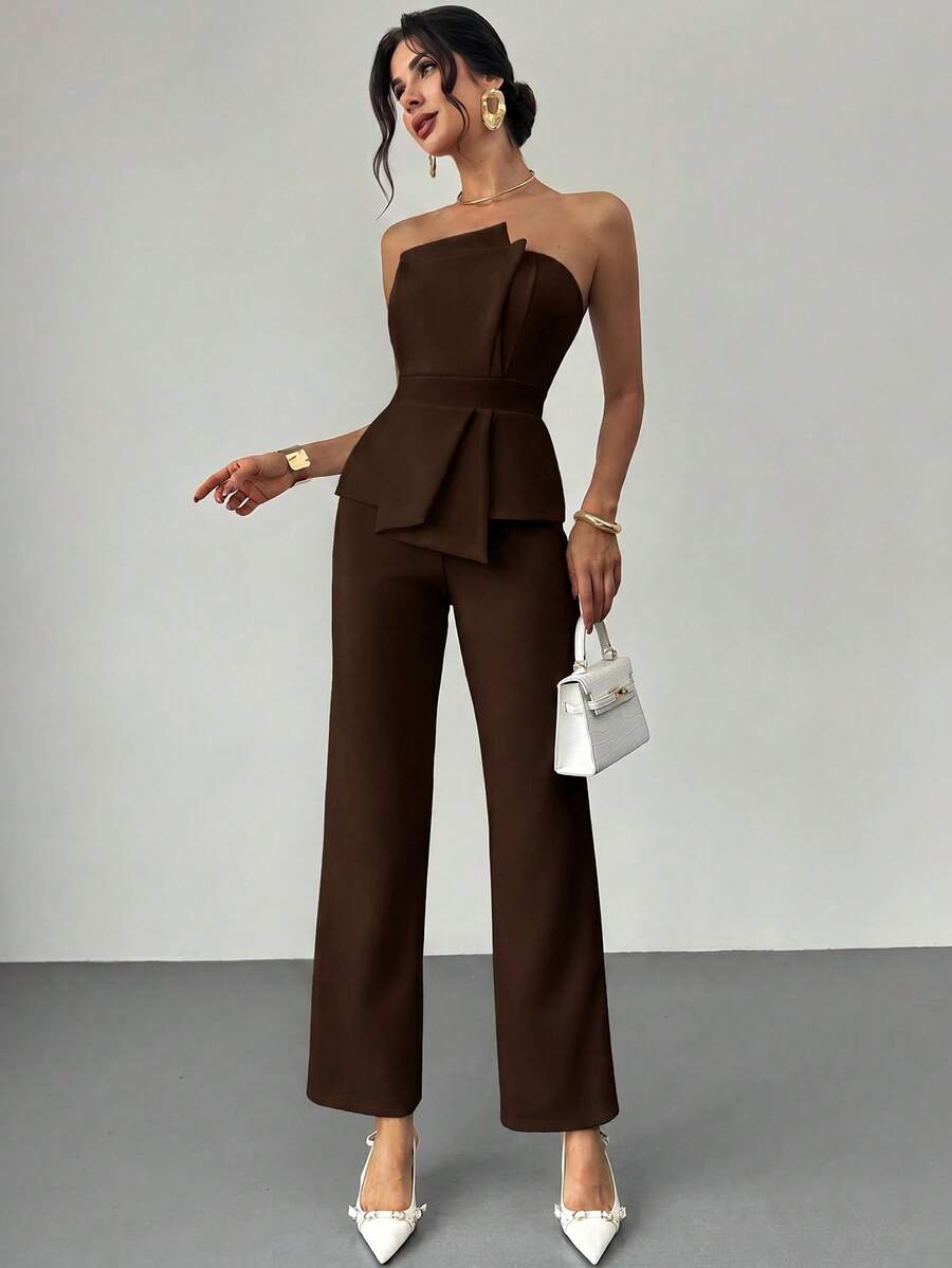 Firerie Elegant,Burgundy,Summer,Bar Party Asymmetrical Strapless High-Waisted White Jumpsuit,Refined Minimalist Modern Wedding Valentine&