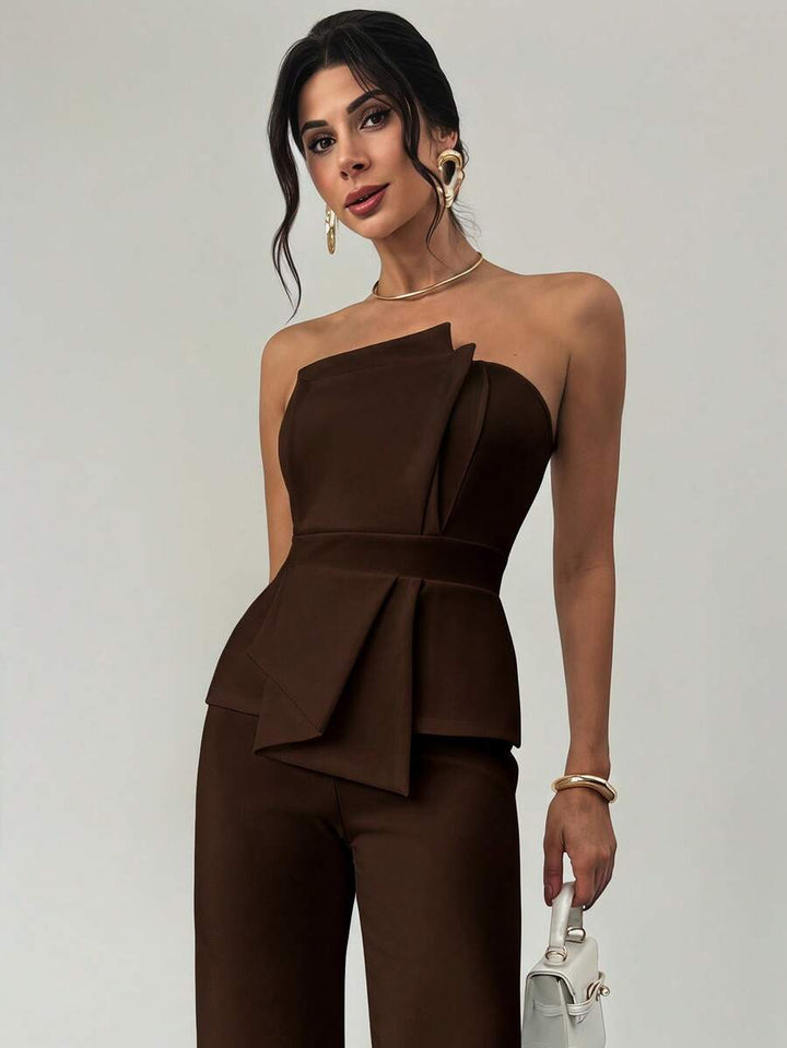 Firerie Elegant,Burgundy,Summer,Bar Party Asymmetrical Strapless High-Waisted White Jumpsuit,Refined Minimalist Modern Wedding Valentine&