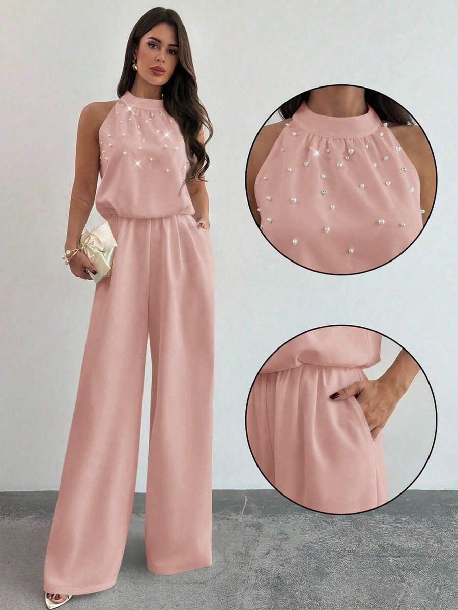 Firerie Women's Elegant White Sleeveless Mandarin Collar Pearl Beaded Jumpsuit,Formal Summer Wide Leg Pants,Office Wear,Graduation,Party,Wedding Guest Outfit