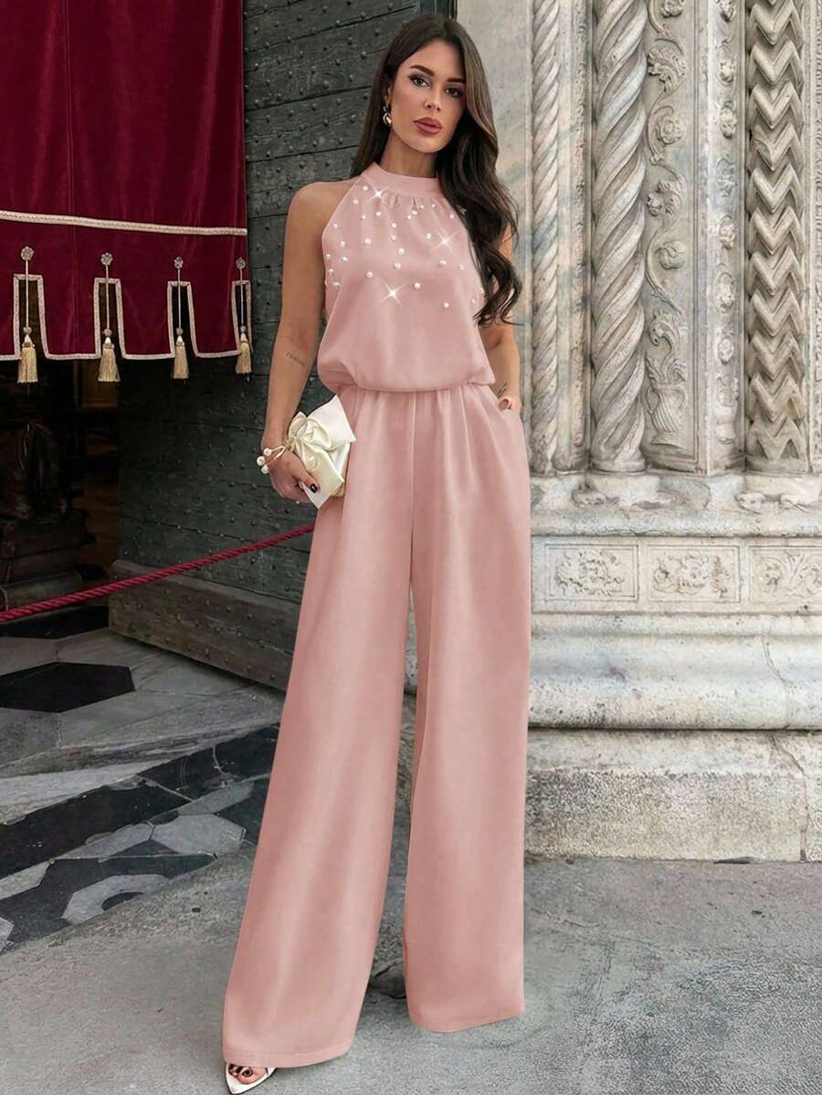 Firerie Women's Elegant White Sleeveless Mandarin Collar Pearl Beaded Jumpsuit,Formal Summer Wide Leg Pants,Office Wear,Graduation,Party,Wedding Guest Outfit