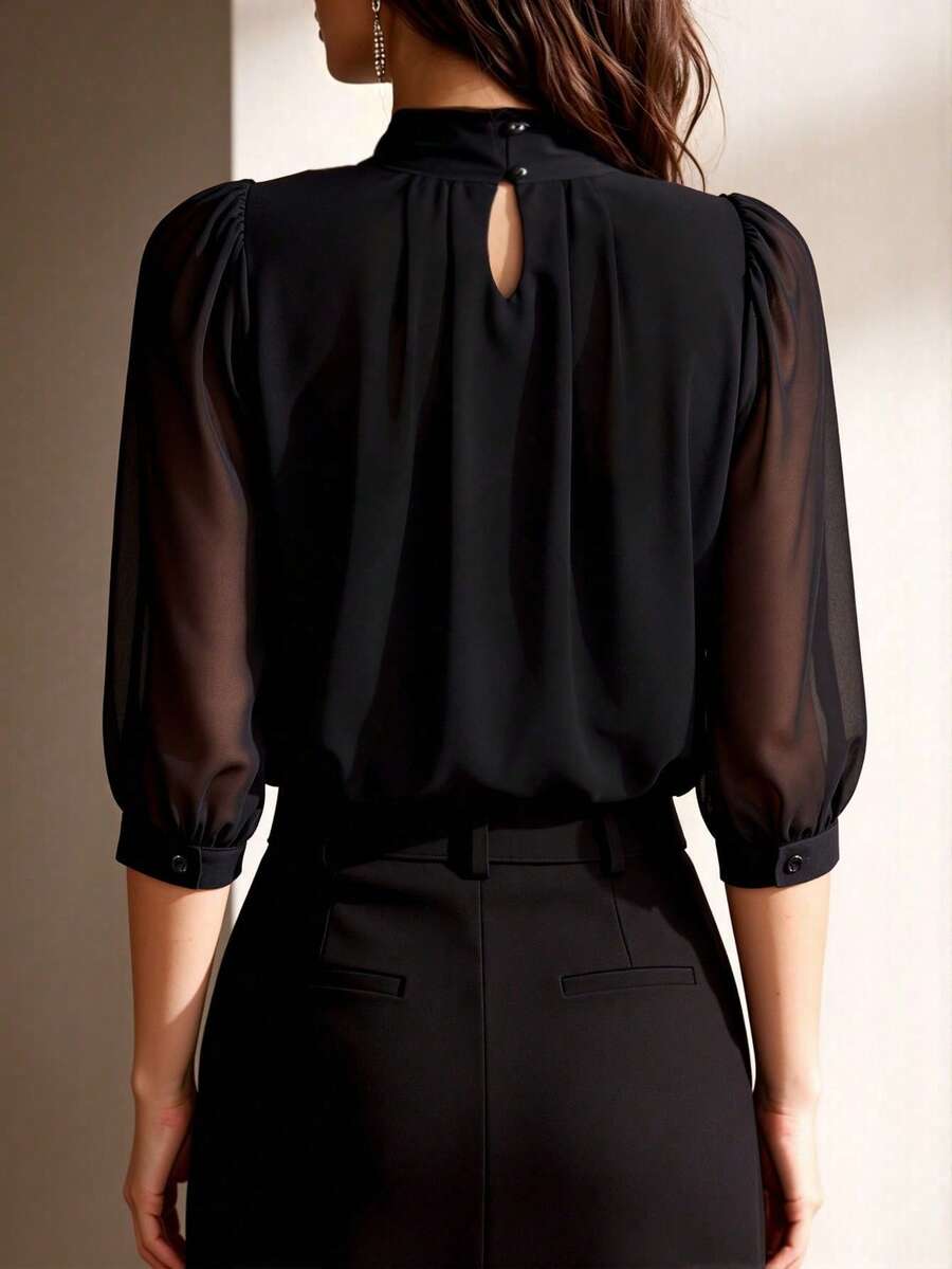 Women's Autumn Navy Blue French Chiffon Pullover Blouse, Elegant High Neck And Cuff Details, Fashionable Commuter Top