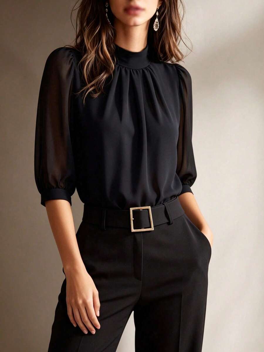 Women's Autumn Navy Blue French Chiffon Pullover Blouse, Elegant High Neck And Cuff Details, Fashionable Commuter Top