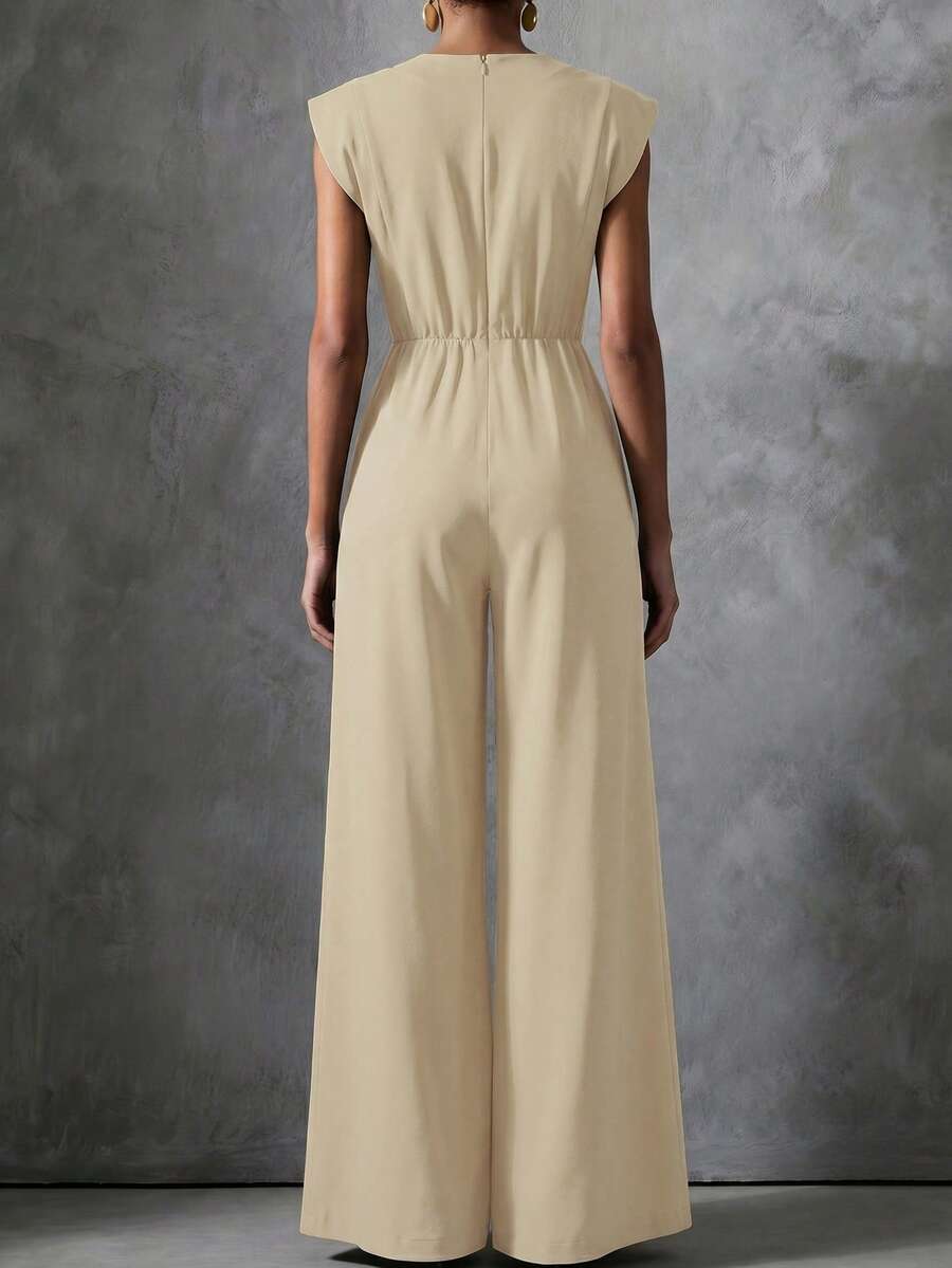 Women's Black Formal Elegant Classic Jumpsuit With Gold Floral Decoration And Pockets Summer