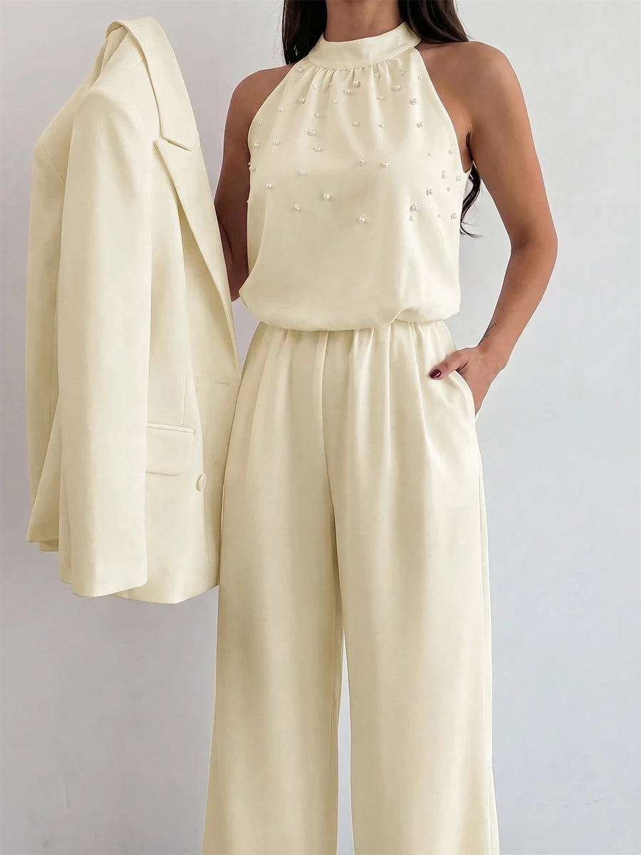Firerie Women's Elegant White Sleeveless Mandarin Collar Pearl Beaded Jumpsuit,Formal Summer Wide Leg Pants,Office Wear,Graduation,Party,Wedding Guest Outfit
