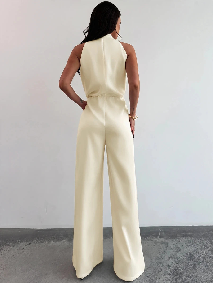 Firerie Women's Elegant White Sleeveless Mandarin Collar Pearl Beaded Jumpsuit,Formal Summer Wide Leg Pants,Office Wear,Graduation,Party,Wedding Guest Outfit