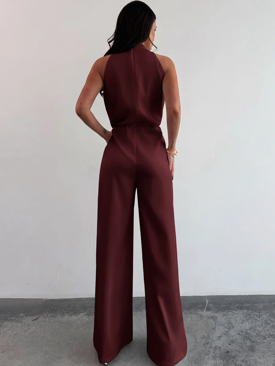 Firerie Women's Elegant White Sleeveless Mandarin Collar Pearl Beaded Jumpsuit,Formal Summer Wide Leg Pants,Office Wear,Graduation,Party,Wedding Guest Outfit