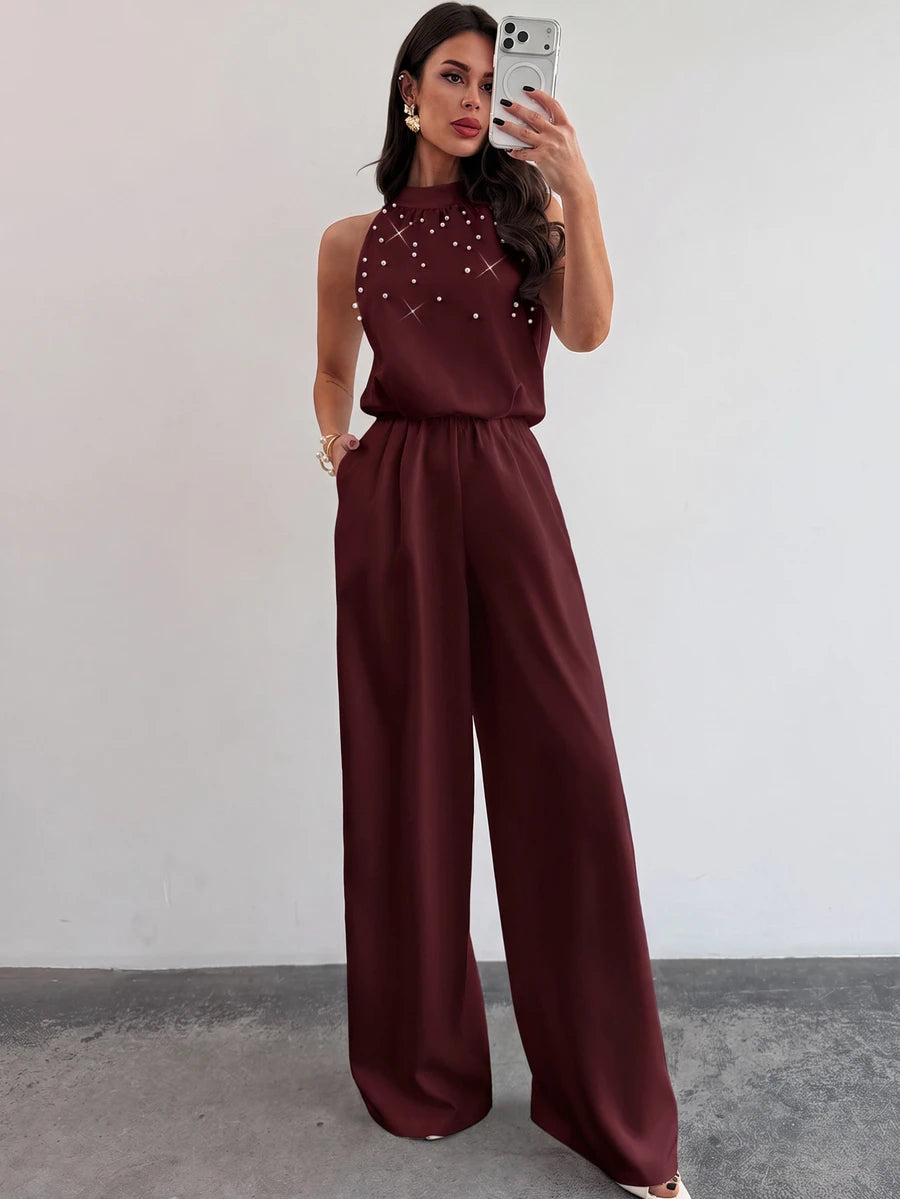 Firerie Women's Elegant White Sleeveless Mandarin Collar Pearl Beaded Jumpsuit,Formal Summer Wide Leg Pants,Office Wear,Graduation,Party,Wedding Guest Outfit