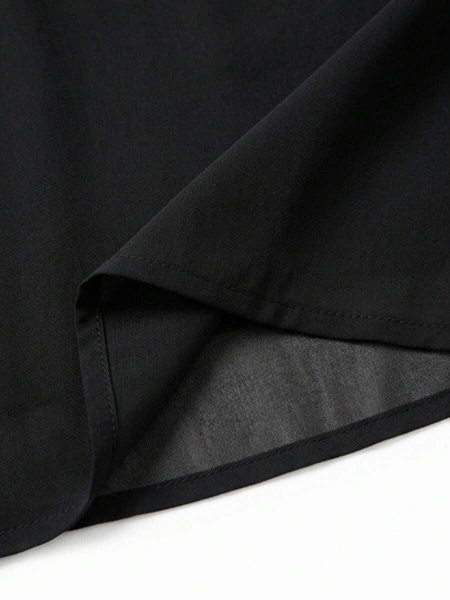 Women's Autumn Navy Blue French Chiffon Pullover Blouse, Elegant High Neck And Cuff Details, Fashionable Commuter Top