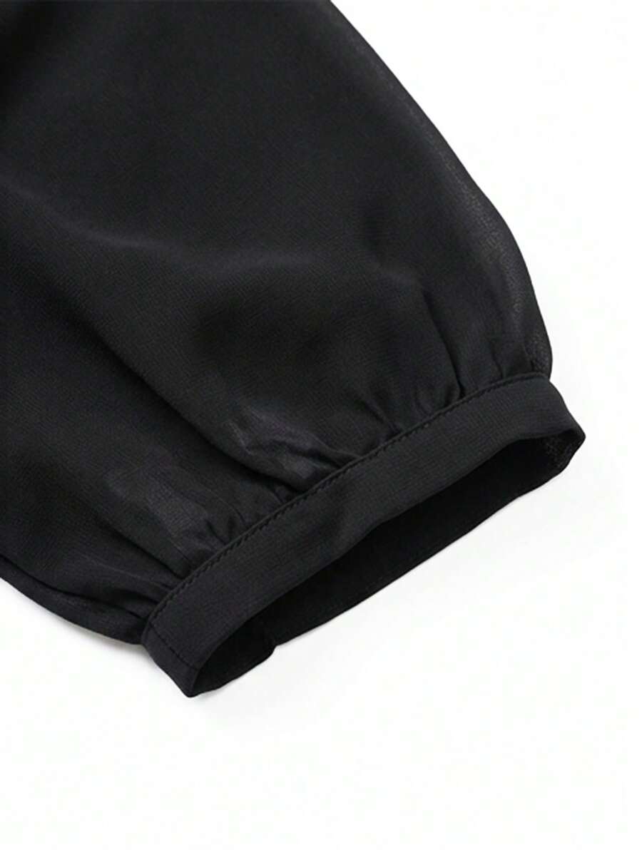 Women's Autumn Navy Blue French Chiffon Pullover Blouse, Elegant High Neck And Cuff Details, Fashionable Commuter Top