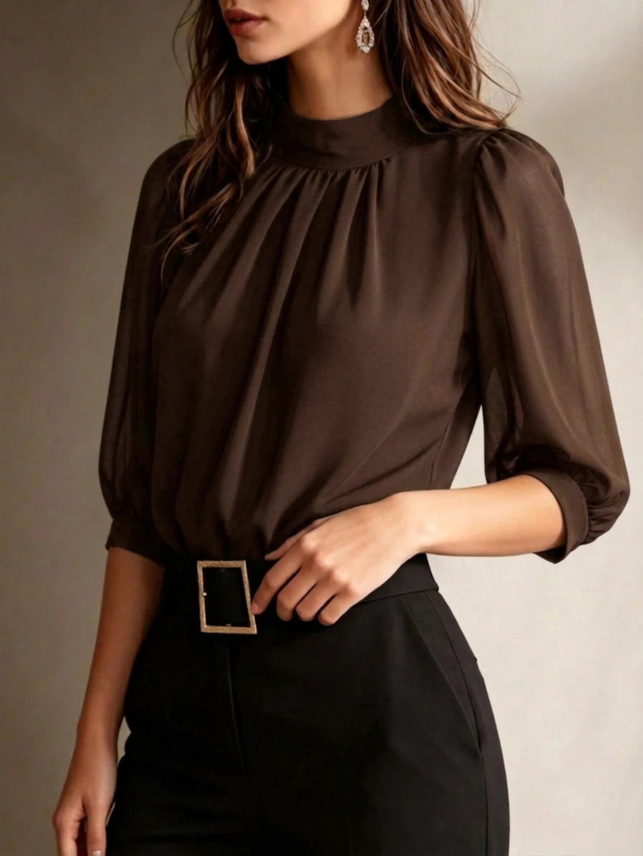 Women's Autumn Navy Blue French Chiffon Pullover Blouse, Elegant High Neck And Cuff Details, Fashionable Commuter Top