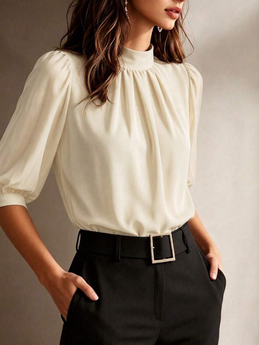 Women's Autumn Navy Blue French Chiffon Pullover Blouse, Elegant High Neck And Cuff Details, Fashionable Commuter Top