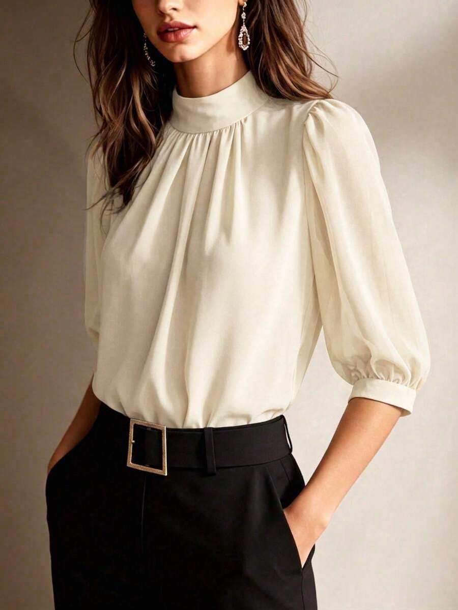 Women's Autumn Navy Blue French Chiffon Pullover Blouse, Elegant High Neck And Cuff Details, Fashionable Commuter Top