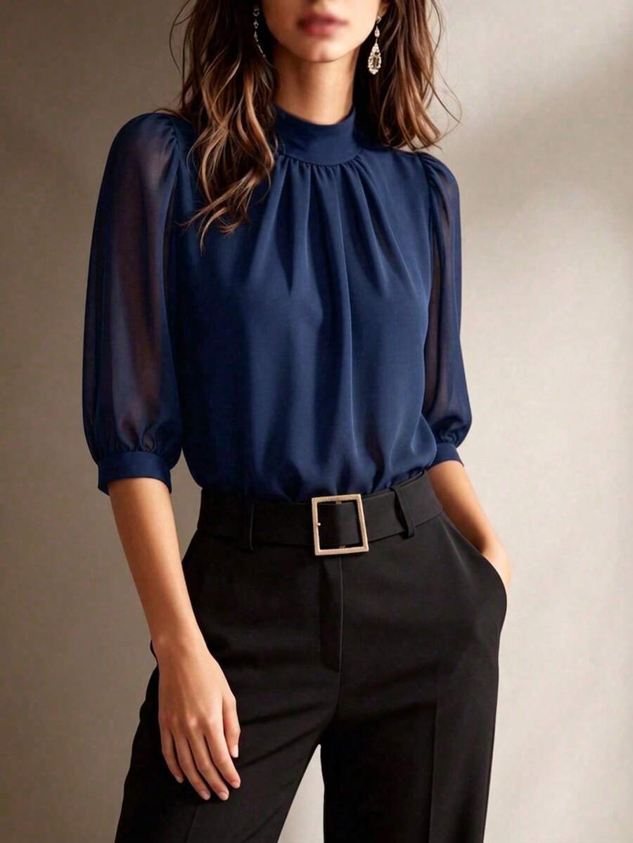 Women's Autumn Navy Blue French Chiffon Pullover Blouse, Elegant High Neck And Cuff Details, Fashionable Commuter Top