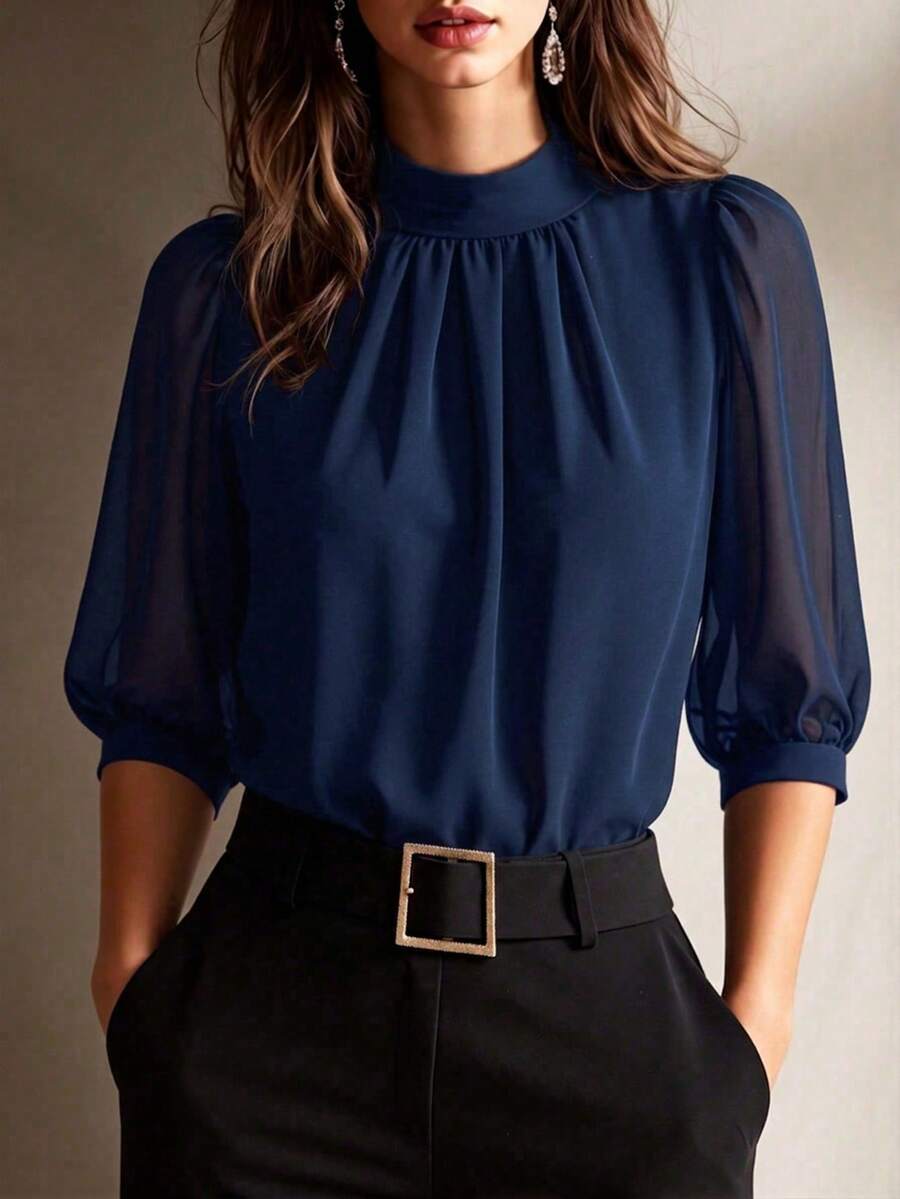 Women's Autumn Navy Blue French Chiffon Pullover Blouse, Elegant High Neck And Cuff Details, Fashionable Commuter Top