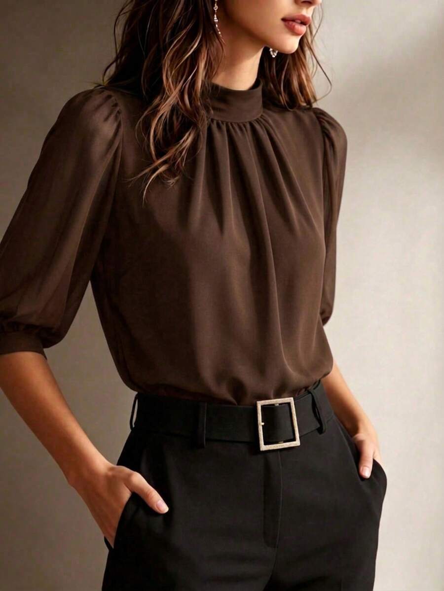 Women's Autumn Navy Blue French Chiffon Pullover Blouse, Elegant High Neck And Cuff Details, Fashionable Commuter Top