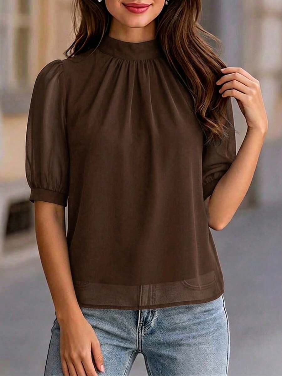 Women's Autumn Navy Blue French Chiffon Pullover Blouse, Elegant High Neck And Cuff Details, Fashionable Commuter Top