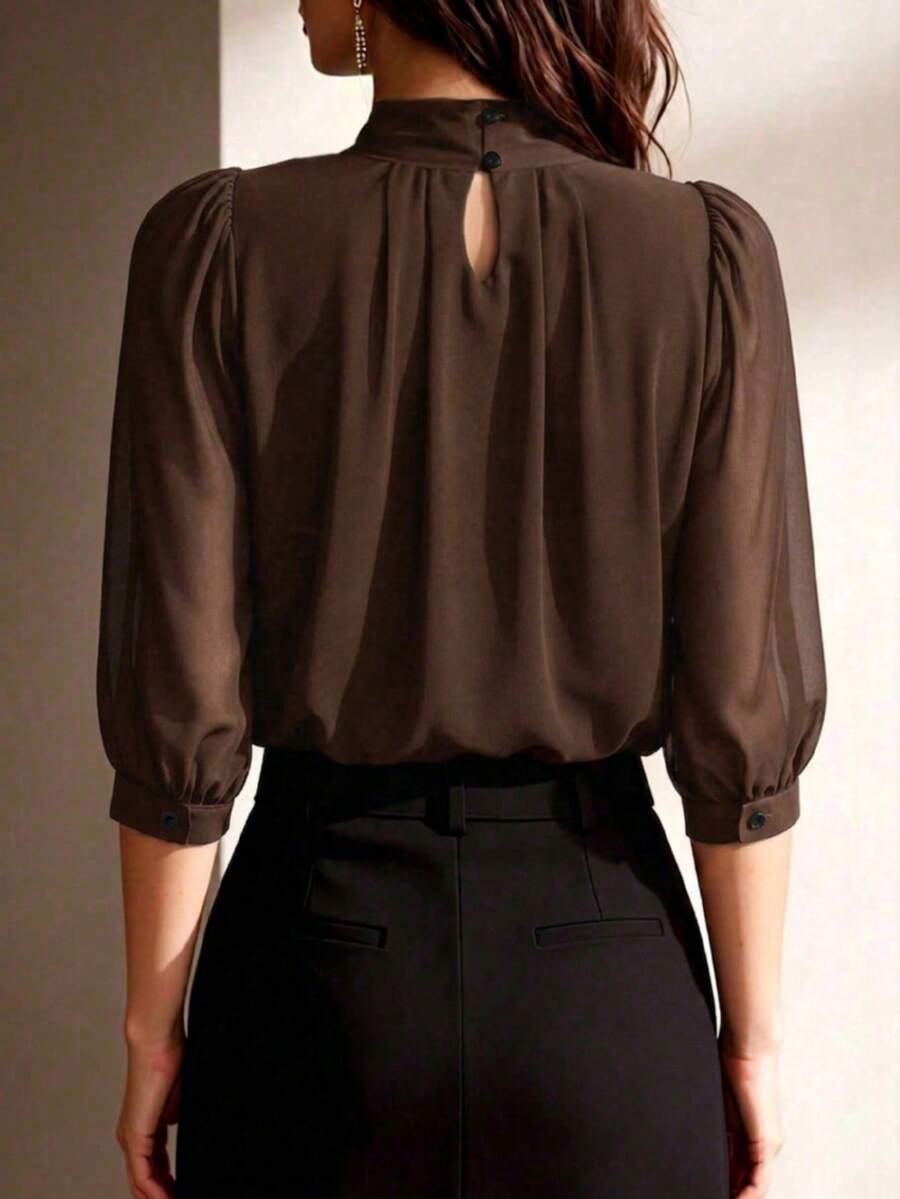Women's Autumn Navy Blue French Chiffon Pullover Blouse, Elegant High Neck And Cuff Details, Fashionable Commuter Top