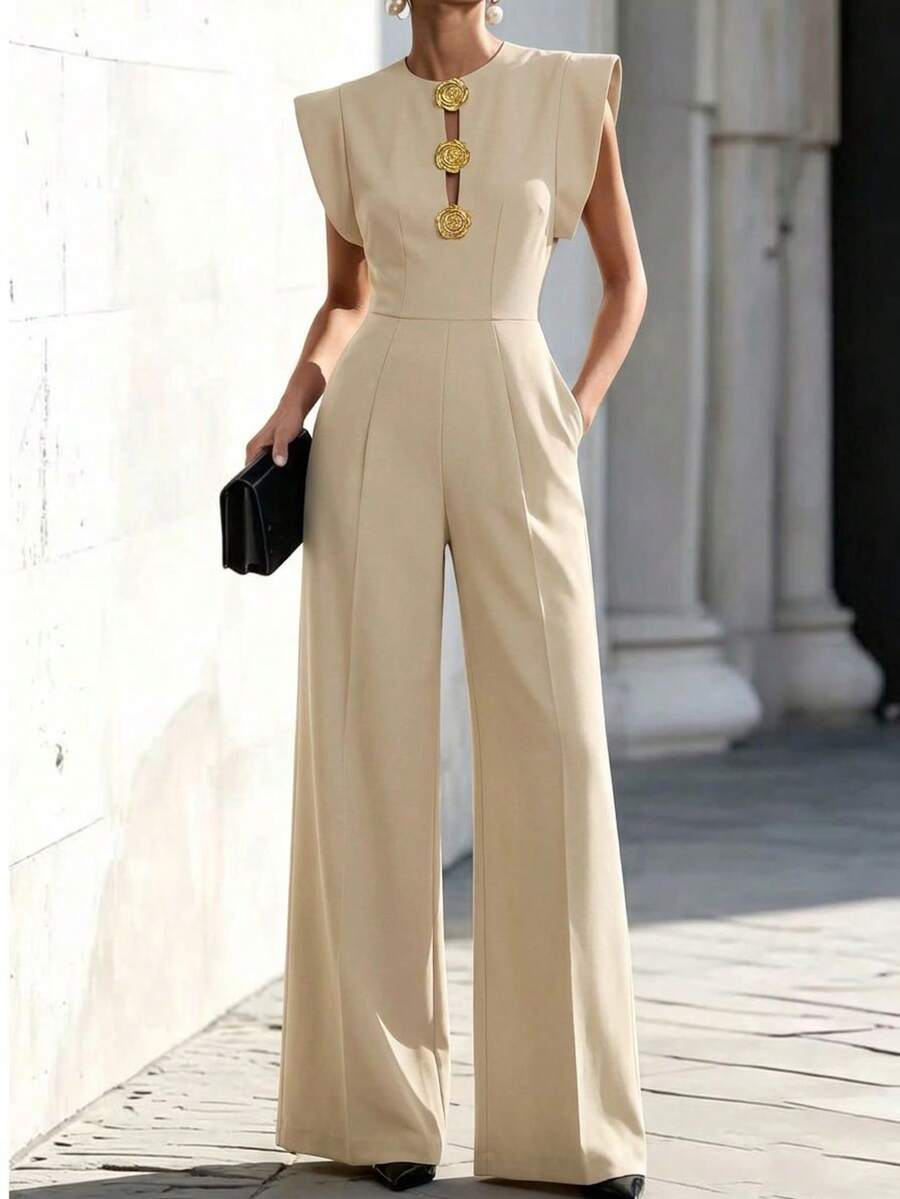 Women's Black Formal Elegant Classic Jumpsuit With Gold Floral Decoration And Pockets Summer