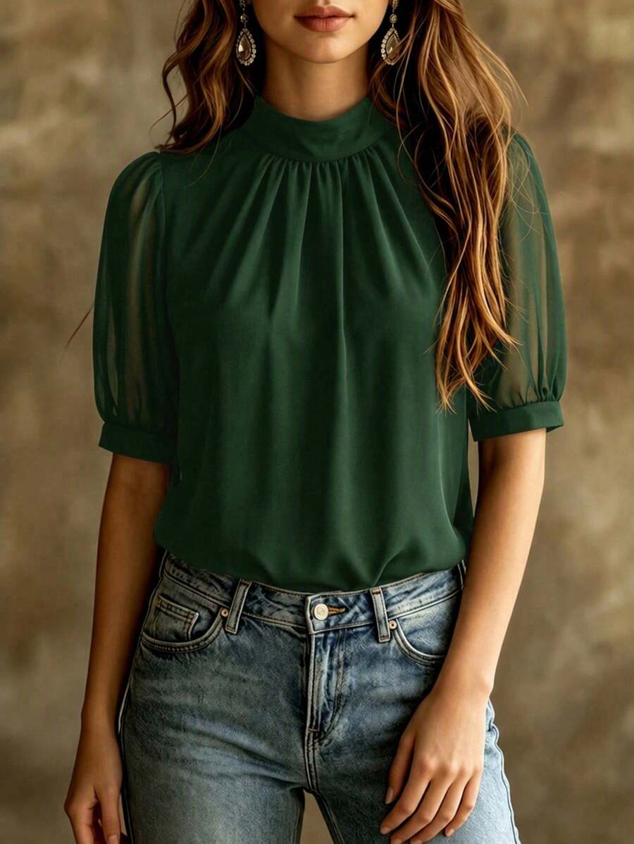 Women's Autumn Navy Blue French Chiffon Pullover Blouse, Elegant High Neck And Cuff Details, Fashionable Commuter Top